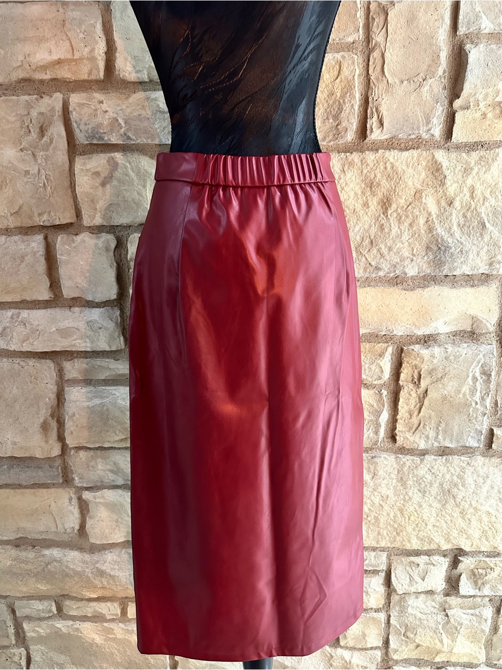 Women's Faux Leather Wrap Pencil Skirt - Burgundy - Picture 2 of 2